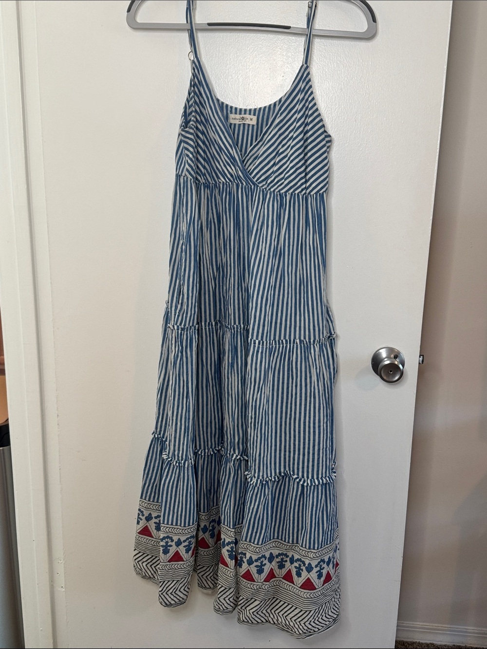 NATURAL LIFE Blue and White Striped Maxi Dress with Embroidered Hem Accents